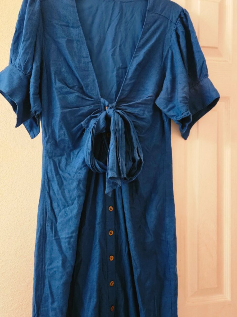 Free People boho Cottagecore linen maxi button down puff sleeve teal dress M - Picture 4 of 8